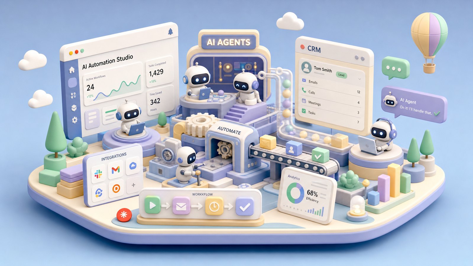 A 3D scene of an AI automation studio with CRM dashboards and robot AI agents